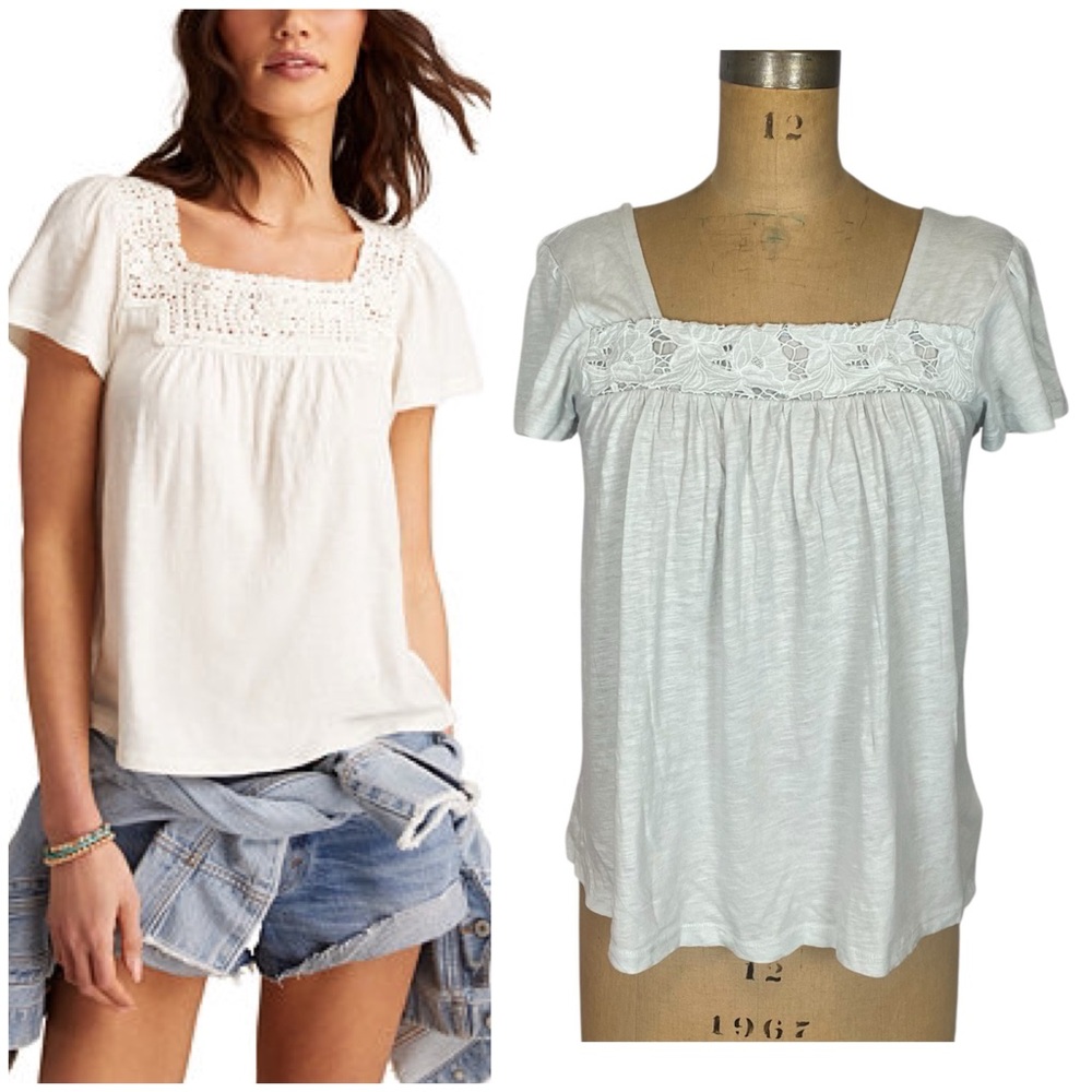 Lucky Brand Cotton Crochet-Trim Top in Pale Blue Size S